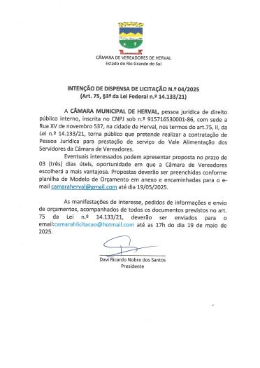 Intenção de Dispensa de licitação 04/2025
